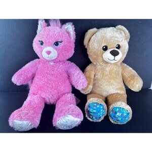 2 Build-A-Bear Workshop Plush Pink Cat & Birthday Brown Teddy Bear Plush Toys